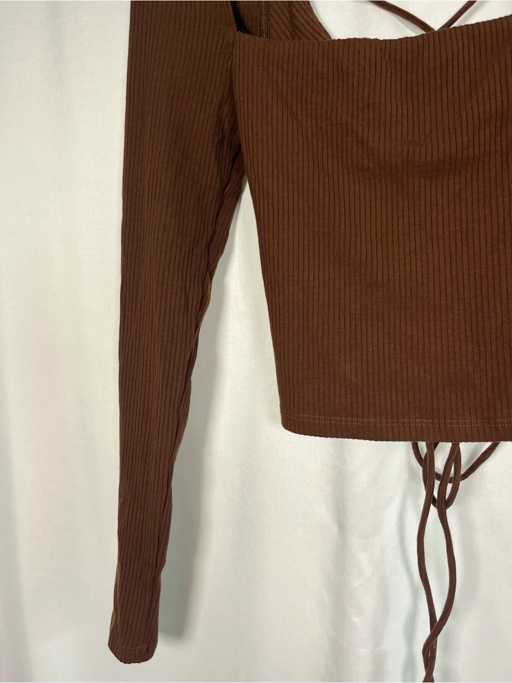 Reformation Chrissy open tie back cafe brown ribbed long sleeve crop top sz s